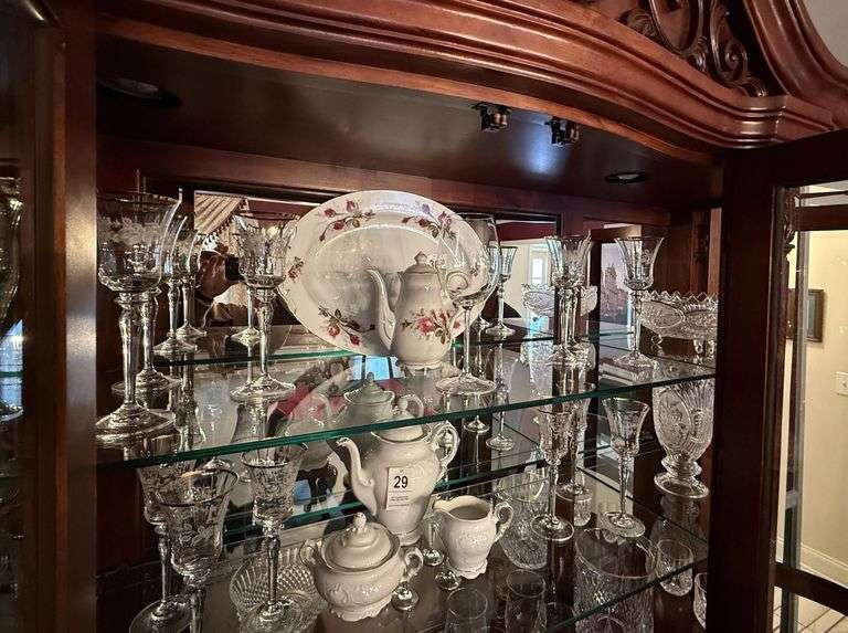 Contents of Top Shelf in China Cabinet - 2 Lead Crystal Bowls, 6 Cordial Glasses with Gold Trim, Tea Pot, and Platter image