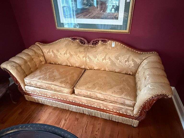Gold Sofa with Wooden Accents - 7' image