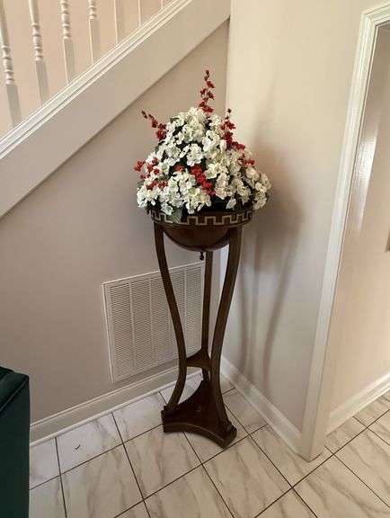 Tall Wooden Plant Stand and Flowers image