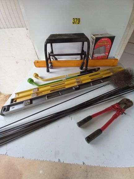 Three 4' Levels, Chimney Brush w/ Rods, Small Bolt Cutter, Rolling Seat, 2 Shower Wands image