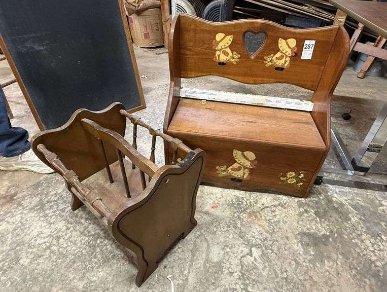 Wooden Child's Bench and Old Book/Magazine rack image