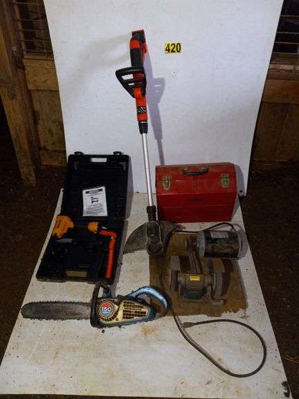 Disc Grinder, Chainsaw, Weedeater - No Battery or Charger, Craftsman Tool Chest, Bostitch Button Cap Gun image