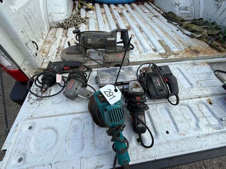 Two Electric Drills, Electric Band Saw, Jig Saw, Grinder, Sander, Wood Burning Set image