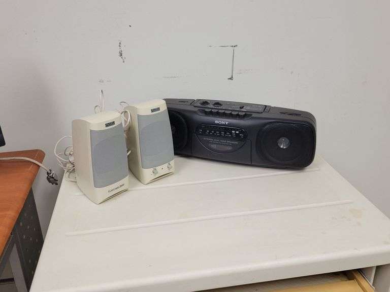 Two Small Desks, Printer Stand, 2 PC Monitors, PC Speakers, Radio