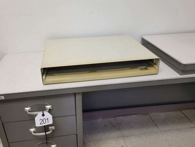 Side/Printer Metal Desk - 66" W x 18" D x 26" H - Platform attached on one side, Extra printer stand w/paper tray