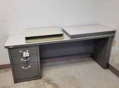 Side/Printer Metal Desk - 66" W x 18" D x 26" H - Platform attached on one side, Extra printer stand w/paper tray