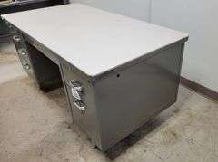 Vintage Shaw Walker Metal Tanker Desk - 59 1/2" W x 29 1/2" D x 31 1/2" H - Good condition