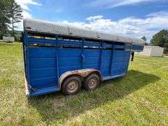 Blue Gooseneck Cattle Trailer - Cut gate, Sliding rear gate, Storage over hitch - Bill of Sale Only