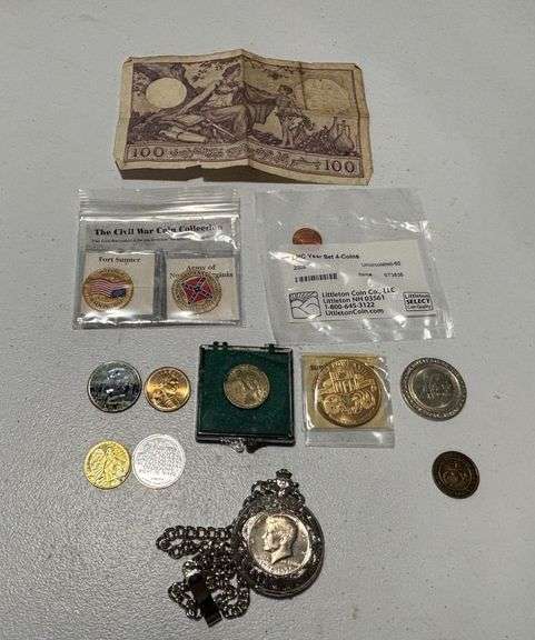 100 Francs, JFK Half Dollar Pocket Watch and Various Coins/Tokens image