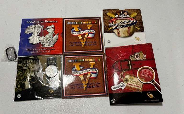 2012 Infantry Soldier Silver Dollar, Legacy of Freedom American Eagle Silver Dollar, Britannia Silver Bullion Coin, Two WWII Victory Medal Sets, 2013 Theodore Roosevelt Pres. Discovery Set, National Baseball HOF Collectors Set 1939-2014 image