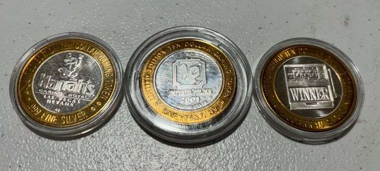 (3) Limited Edition .999 Fine Silver Ten Dollar Gaming Tokens image