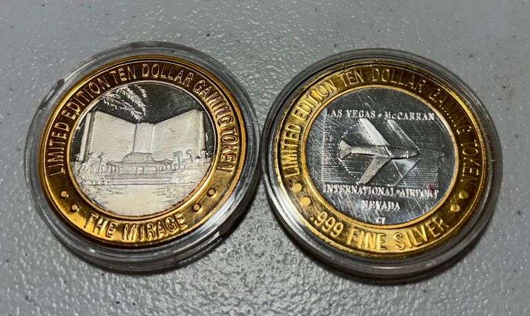 ((2) Limited Edition .999 Fine Silver Ten Dollar Gaming Tokens image