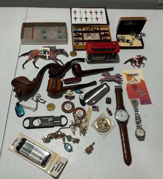 Pipes, Cross Pendants, Cigar Cutter, Tie Pins, Derby Pins, Zippo Lighter Flints, and Misc. Items image