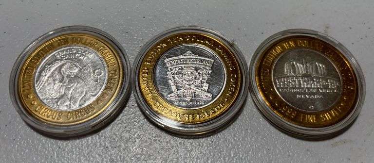 (3) Limited Edition .999 Fine Silver Ten Dollar Gaming Tokens image