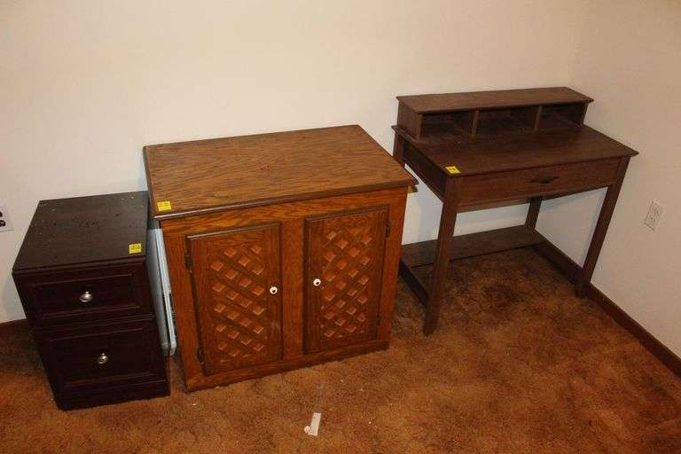 (2) Wooden Cabinets and Wooden Desk With Drawer image