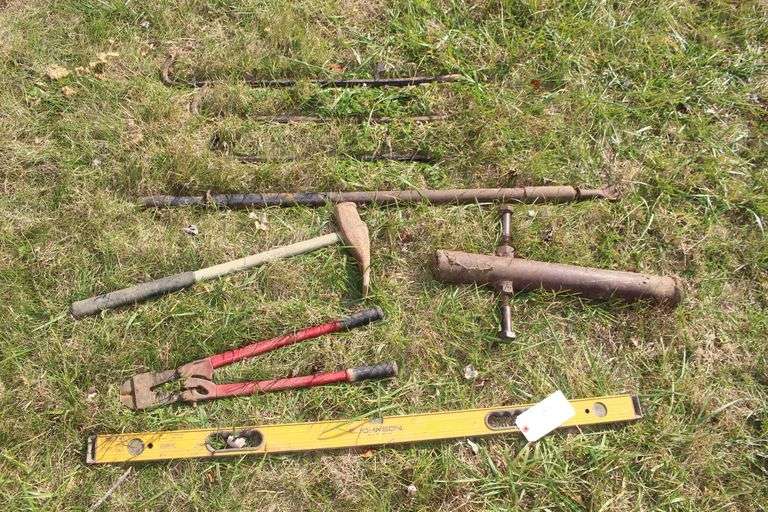 (3) Crowbars, 48 Inch Level, Bolt Cutters, Post Driver, Chisel, and Tire Hammer image