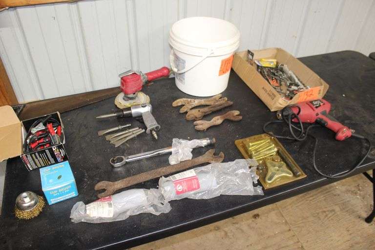 Central Pneumatic Air Hammer and Attachments, Cup Brush, Dri-Lube Paper, Puller Pieces, Air Buffer, Skil Corded Drill, and Misc. Drill Bits image
