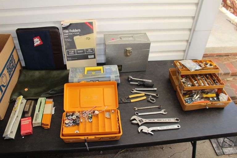 Plastic Tool Boxes, Adjustable Wrenches, Sockets, Wrenches, Combination Wrenches, Metal File Box, Office Supplies, and Misc. image