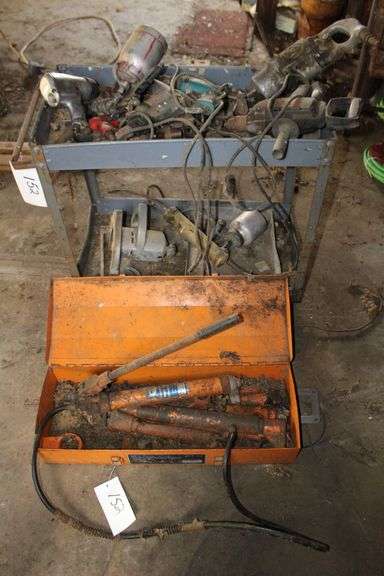 2 Tier Metal Cart, Electrical Drills, Circular Saw, MP Air Powered Impact, Spray Can, 10 Ton Hydraulic Body Frame Kit with Tool Box, and Misc. image