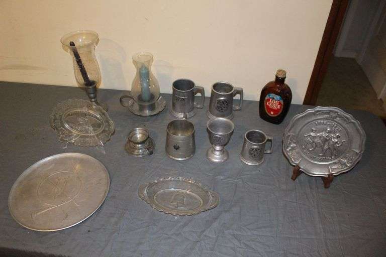 1776 Pewter Mugs, Plastic Decorative Serving Trays, Candle Stand with Globe, Bicentennial Plate and Stand, and Misc. image