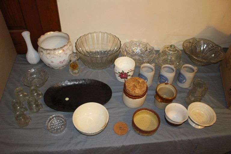 Punch Bowls, Serving Bowl, Stoneware Mugs, Serving Platter, Vase, Glass Tray, Golden Harvest Small Glass Mugs, Stoneware Pots, and Misc. image