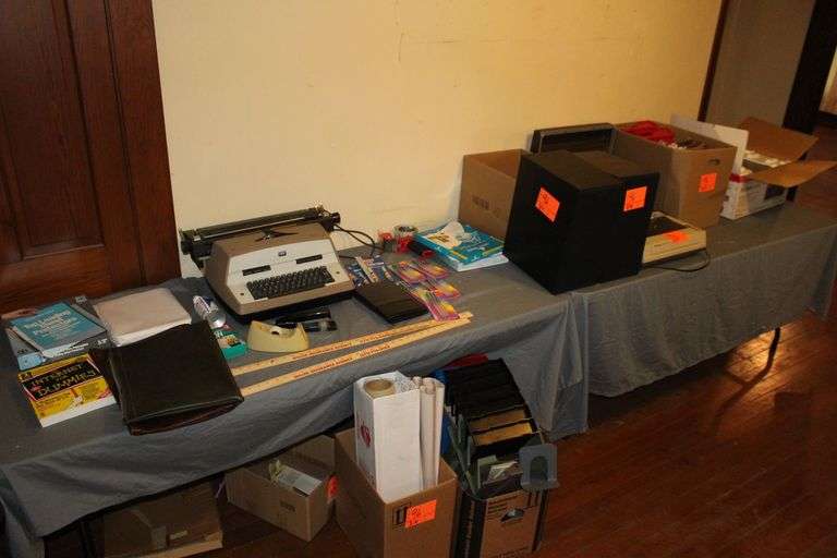 IBM Typewriter, File Dividers, Canon Printer, Filing Cabinet Organizers, Bank Bags, Briefcase, (2) Jensen Speakers, and Misc. image