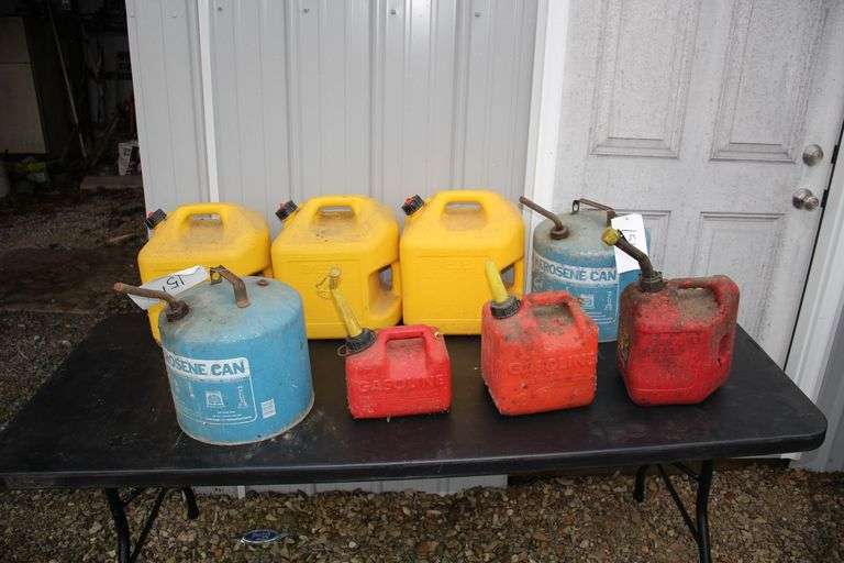 (3) 5 Gal. Plastic Diesel Cans, (2) Metal Kerosene Cans, and (3) Gas Cans image