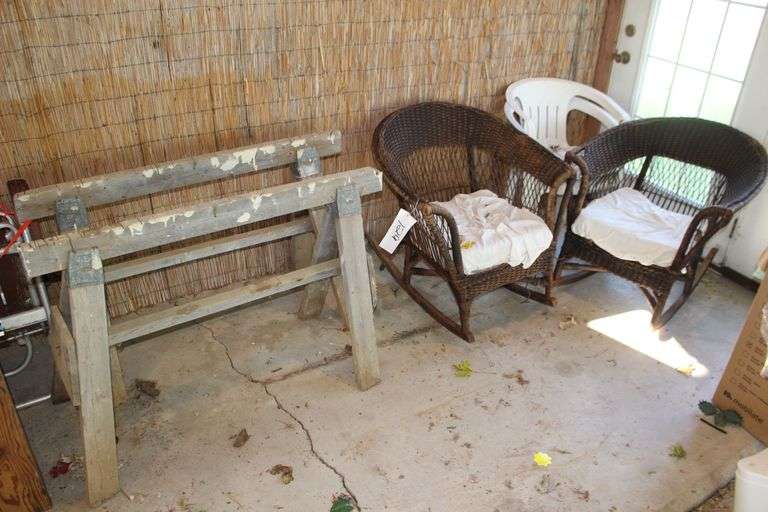 (2) Saw Horses, (2) Wicker Rocking Chairs, and (2) Plastic Chairs image