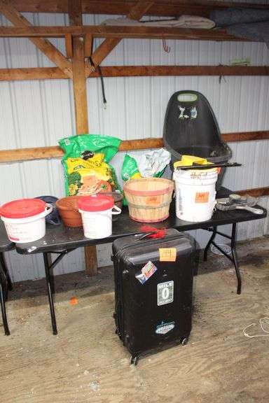 Potting Soil, Wooden Basket, (2) Hardshell Suitcases, Dust Pan, Garden Cart, Mouse Trap Bucket, Buckets, and Misc. image