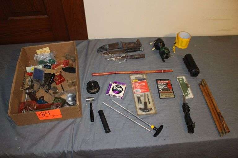 Fix Blades Knives, Pistol Cleaning Rods, Gun Cleaning Rods, Black and Decker Drill Bits, Zebco 202 Reel, Johnson Century Reel, 6 Pound Test Fishing Line, and Misc. image