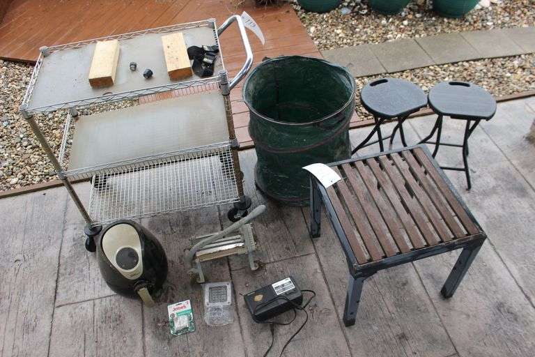(2) Folding Stools, Metal 2 Tier Cart, Potato Cutter, Square Patio End Table, Power Air Fryer XL, and Outdoor Folding Trash Bag image