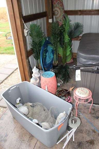 Ceramic Outdoor Lawn Ornaments, Artificial Flowers, Pool Float, Plant Stand, Thermometer, Area Rug, and Misc. image