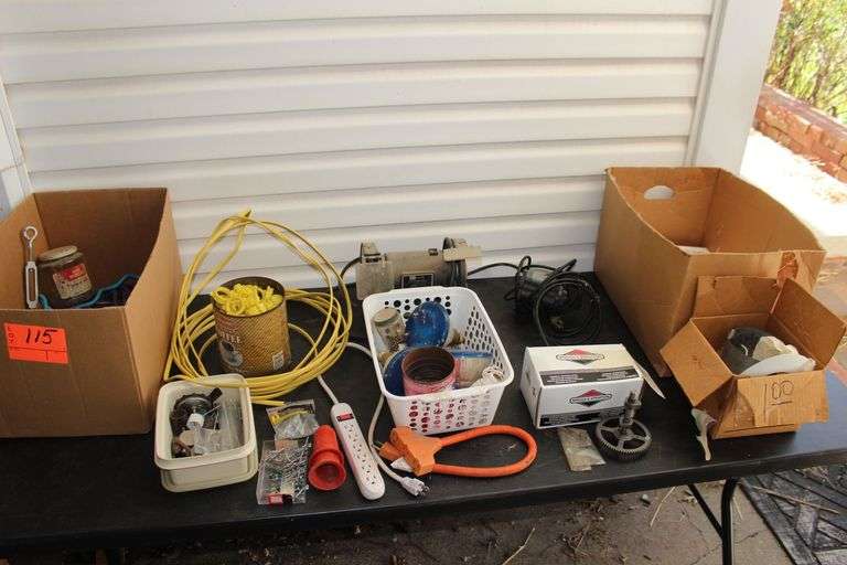 Craftsman 5 Inch Bench Grinder, Electric Fence Insulator, Electric Wire, Power Strips, Ceiling Light Fixture, Flood Lights Bulbs, Electrical Cords, Dremel Bits, Drill Bits, and Misc. image