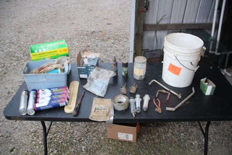 Heavy Duty Grease, Syringes, Wing Nuts, Thermometer, Flood Light, Bucket, and Misc. image