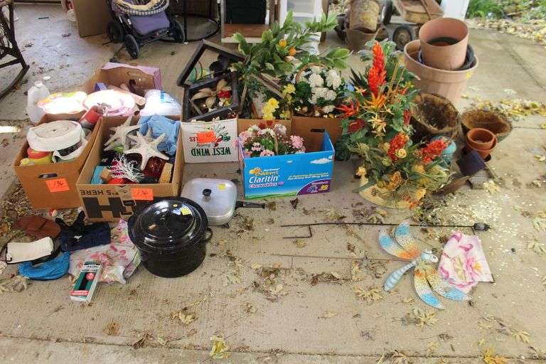 Granite Ware Pot, Artificial Flowers, Bird Houses, Bird Feeders, Flower Pots, Wall Decor, Serving Plates, Electric Skillet with Cord, Hand Bags, and Misc. image