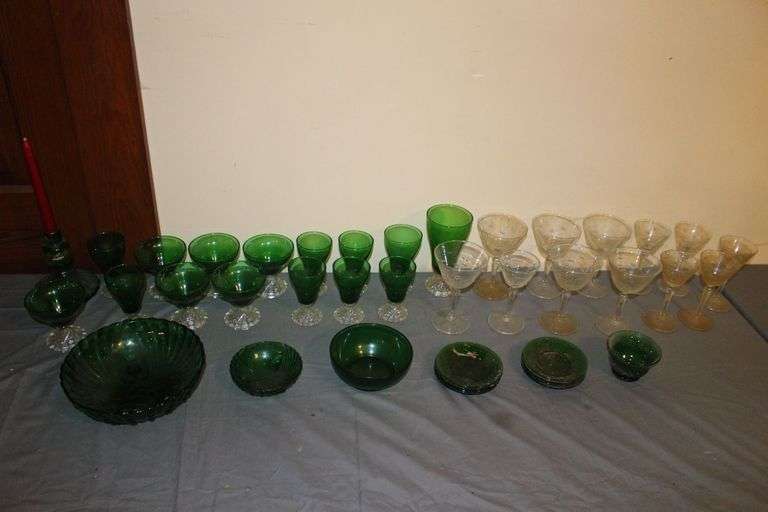 Emerald Green Footed Bowls, Saucers, Glasses, Wine Glasses, Candle Stands, and Misc. image