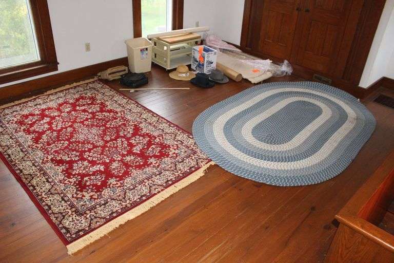 2 Tier Organizer Cart, Hand Bags, Ironing Board, 5 Ft. 3 In. X 8 Ft. Royal Bashar Area Rug, 5.5 Ft. X 8 Ft. Area Rug, Hats, and Misc. image