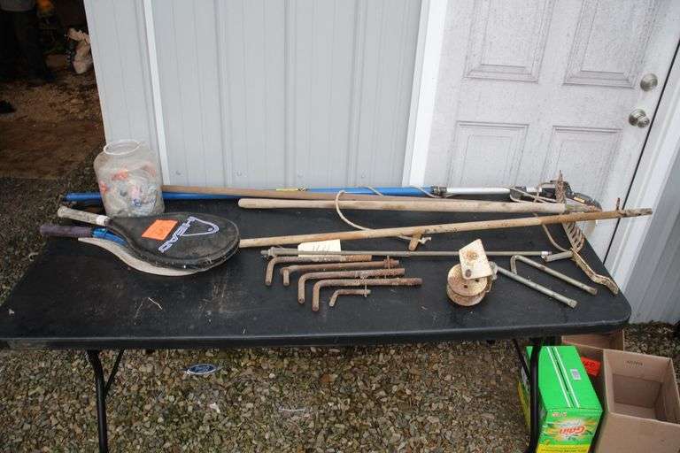 Rake, Tree Trimmer, Handles, Bolts, Tennis Rackets, and Misc. image
