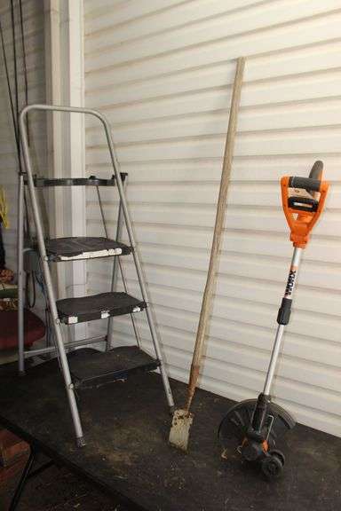 Stapleton Step Stool, Worx Battery Powered Lawn Edger, and Scraper Tool image