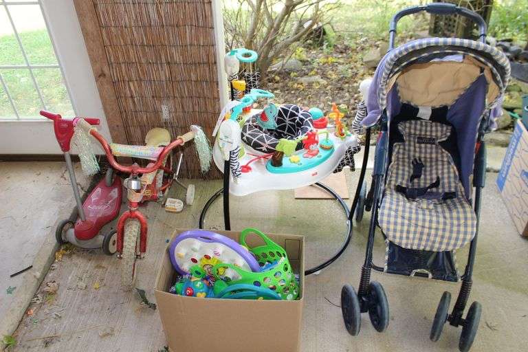 Radio Flyer Scooter, Quest Bike, Playskool Toys, Stroller, Fisher Price Activity Center, and Misc. image