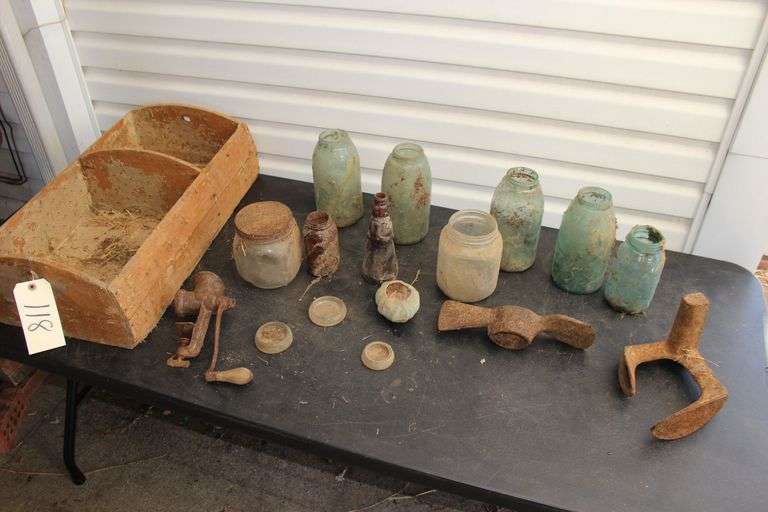 (5) Blue Jars, Wooden Tool Tray, Glass Jars, Ash Trays, Meat Grinder, Shoe Last, and Maddox Head image