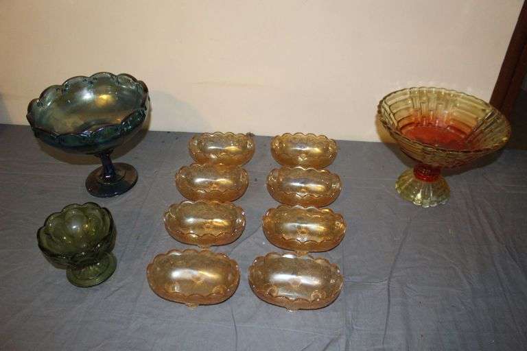 (8) Carnival Glass "Louisa" Footed Dishes, Carnival Glass Serving Bowl, Green Candy Dish, and Red and Yellow Candy Dish image