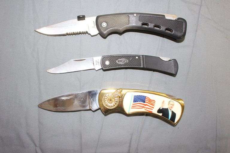 Jaguar Single Blade Lock Back Pocket Knife with Sheath, Case Lock Back Blade Pocket Knife, and George W. Bush Single Blade Lock Back Pocket Knife in Wooden Box image