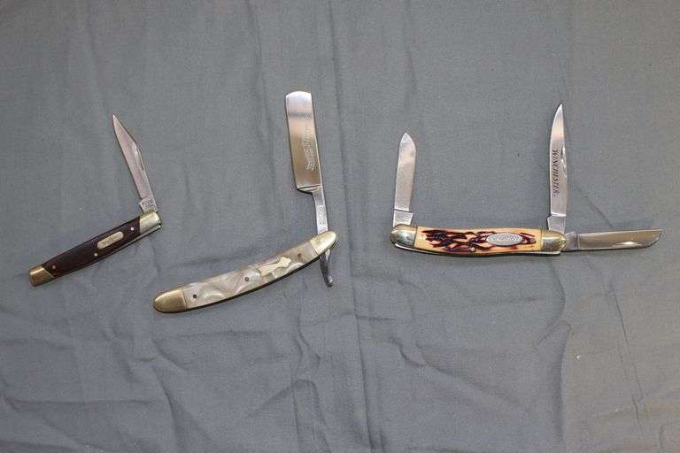 Schrade Walden 65th Single Blade Shaving Pocket Knife, Buck 379 Single Blade Pocket Knife, and Winchester 3 Blade Pocket Knife image