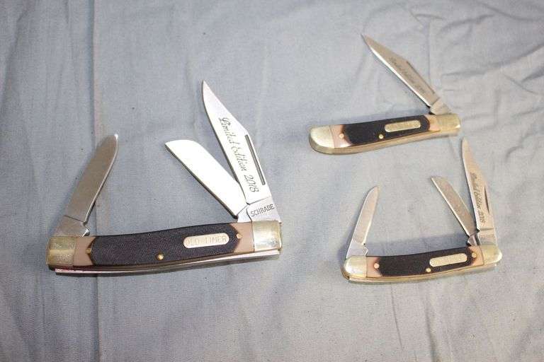 Old Timer "Getting the Job Done Never Goes Out of Style Either" Limited Edition 2018 12OT PAL Single Blade Pocket Knife, and 8OT Senior 3 Blade Pocket Knife, 108OT Junior 3 Blade Pocket Knife image