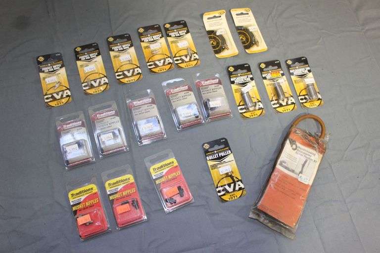 (5) CVA Perfect Musket Nipples, (2) CVA Patch Pullers, (3) Replacement 209 Breech Plugs, Bullet Puller, (6) Traditions A1400 Musket Nipples, (2) 209 Magnum Thunder Nipples, and Muzzleloader Barrel Flusher Kit image