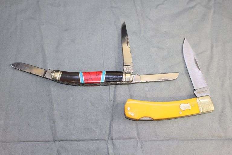Quicksilver Multicolor 3 Blade Pocket Knife and Wooden Box and Magnum by Böker 440C Yellow Lock Back Single Blade Pocket Knife image