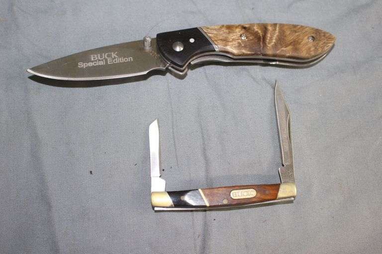 Buck Special Edition Ebony and Burlwood Knives 327 Noble Lock Back Pocket Knife, 375 2 Blade Pocket Knife, and Tin Case image
