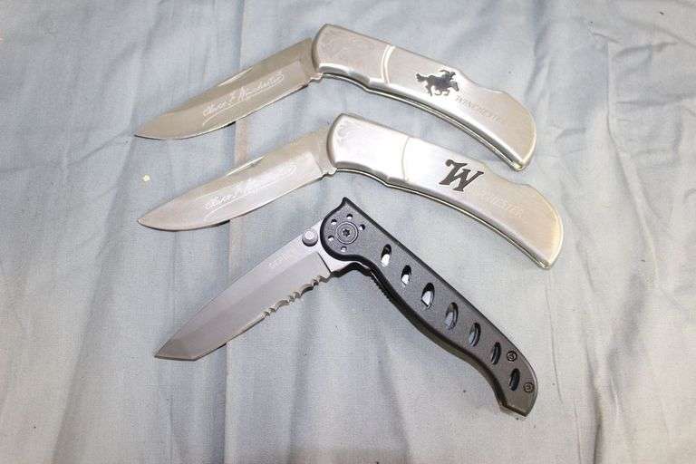 (2) 200th Commemorative Oliver F. Winchester Single Blade Lock Back Pocket Knives and Gerber 4660718A Locking Pocket Knife with Tin image