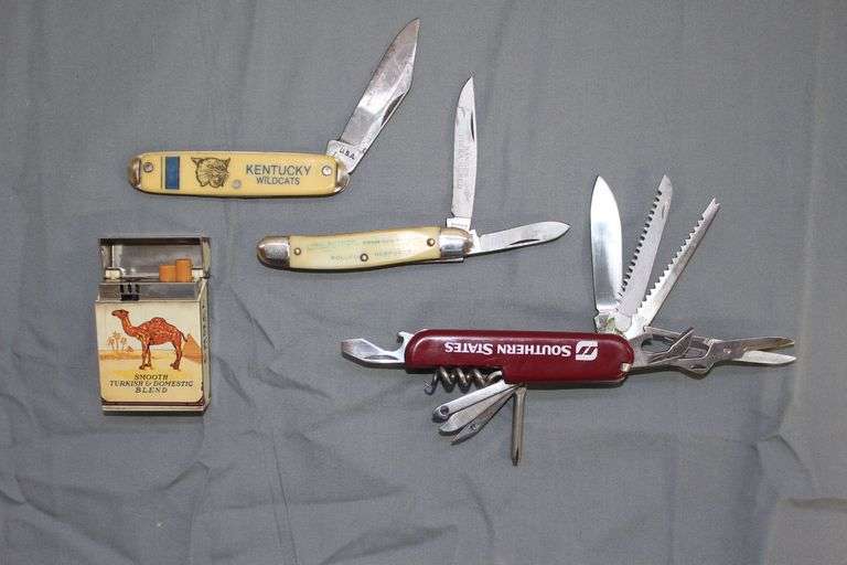 Southern States Swiss Army Knife, Kentucky Wildcats Single Blade Pocket Knife, Long Branch Farms 3 Blade Pocket Knife, and Camel Lighter image